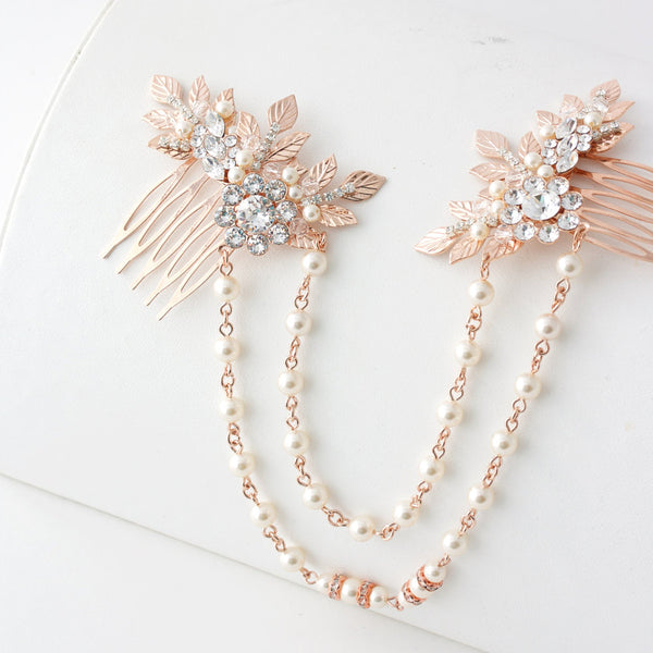 Rose Gold Hair Chain Wedding Headpiece Pearl Draped Bridal Hair Comb S Made with Love